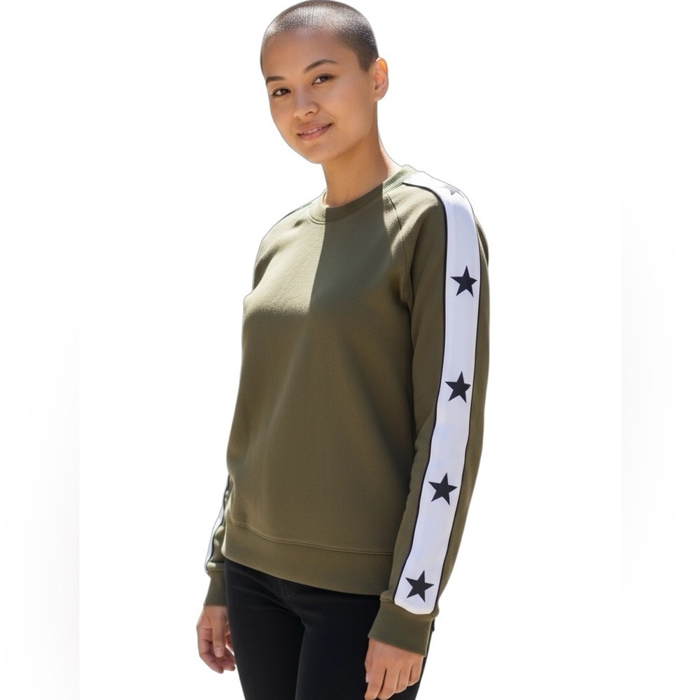 ELLANDEMM Crewneck Sweatshirt White Stripes Black Star Sleeve Detail Olive Green